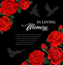 Funeral Vector Card With Red Rose Flowers And Doves Silhouettes. Obituary Poster With Floral Decoration, In Loving Memory Typography. Vintage Card With Blossoms, Funeral Frame With Roses And Birds