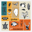 Hand drawn illustration in retro vintage style. Symbols of Illinois state. Flora and fauna.