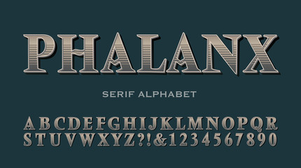 A Classic Serif Font with Gradient Stripe Effect. Muted Color Alphabet like an Antique Vintage Book Cover.