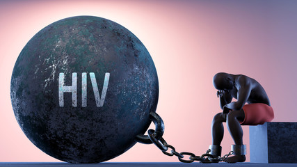 Wall Mural - Hiv as a heavy weight in life - symbolized by a person in chains attached to a prisoner ball to show that Hiv can be a sorrow, brings suffering and it is a psychological burden, 3d illustration