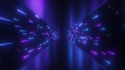 Wall Mural - Neon Glow Shooting Star Comets Fly Light Speed in Reflective Tunnel - Abstract Background Texture