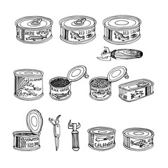 set of fish caviar, canned  squid & seaweed, delicious seafood, logo or emblem, vector illustration with black ink contour lines isolated on a white background in a hand drawn & doodle style