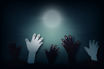 Aufkleber - Halloween background in spooky night paper art style.Zombie hand rising from graveyard.Vector illustration.