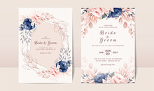 Floral Wedding Invitation Template Set With Navy And Peach Watercolor Roses And Leaves Decoration. Botanic Card Design Concept