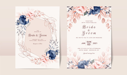 Wall Mural - Floral wedding invitation template set with navy and peach watercolor roses and leaves decoration. Botanic card design concept