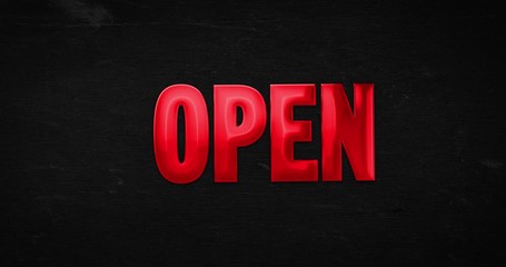 Wall Mural - Open. Glossy red word is zoomed into focus. Text intro/opener on background (black). 4K animation