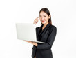 © tete_escape - Asian smiling business women wearing suit using laptop computer isolated on white background.