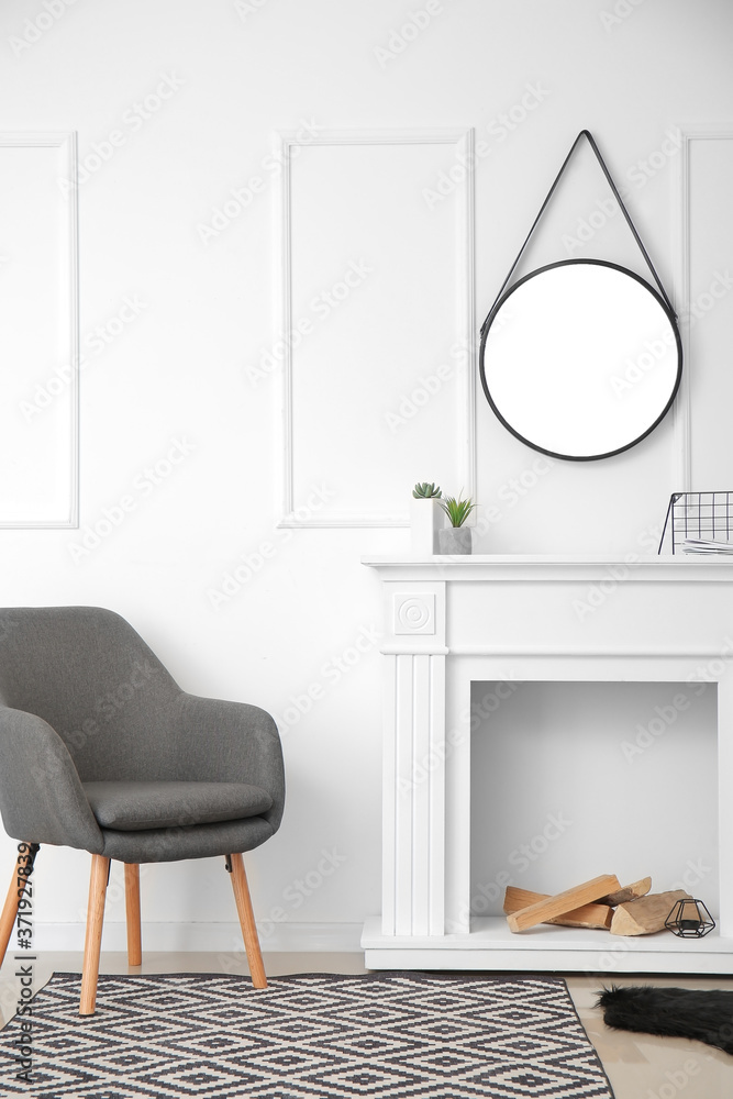 Interior of modern room with fireplace