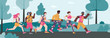 Characters of male and female runner in the park or in nature. Athletes participate in a running marathon or competition, do fitness and outdoor training. Vector flat illustration.