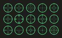 Target Icon. Crosshair And Aim Of Sniper. Sight For Gun, Rifle For Military. Logo Of Periscope In Army. Shot From Weapon In Bullseye. Precise Crosshair In Game. Cross, Dot For Optical Lens. Vector.