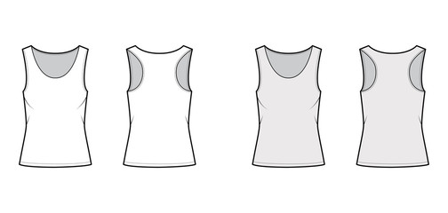 Wall Mural - Racer-back cotton-jersey tank technical fashion illustration with relax fit, wide scoop neckline. Flat outwear cami apparel template front, back white grey color. Women men unisex shirt top CAD mockup