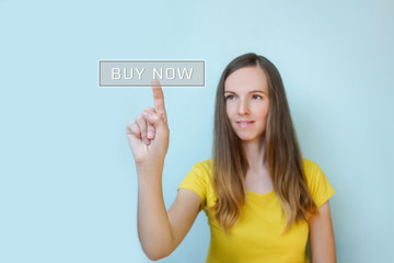 Buy button with real woman in yellow t-shirt on blue background. Cyber monday and black friday concept. Discounts in stores, copy space.