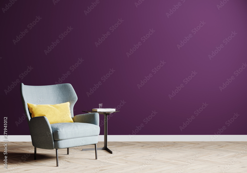 empty purple wall with gray armchair on wooden floor,  bright living room interior background, 3d rendering - obrazy, fototapety, plakaty 