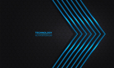 Wall Mural - Blue arrows on a dark hexagonal abstract grid background. Futuristic modern blue metallic arrows and dark gray honeycomb backdrop. Luxury overlap direction design. Vector illustration EPS10.