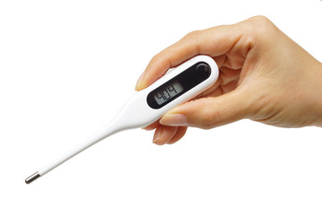 Hand holding a thermometer with a high fever temperature