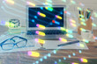 © peshkova - Multi exposure of desktop with computer on background and tech theme drawing. Concept of big data.