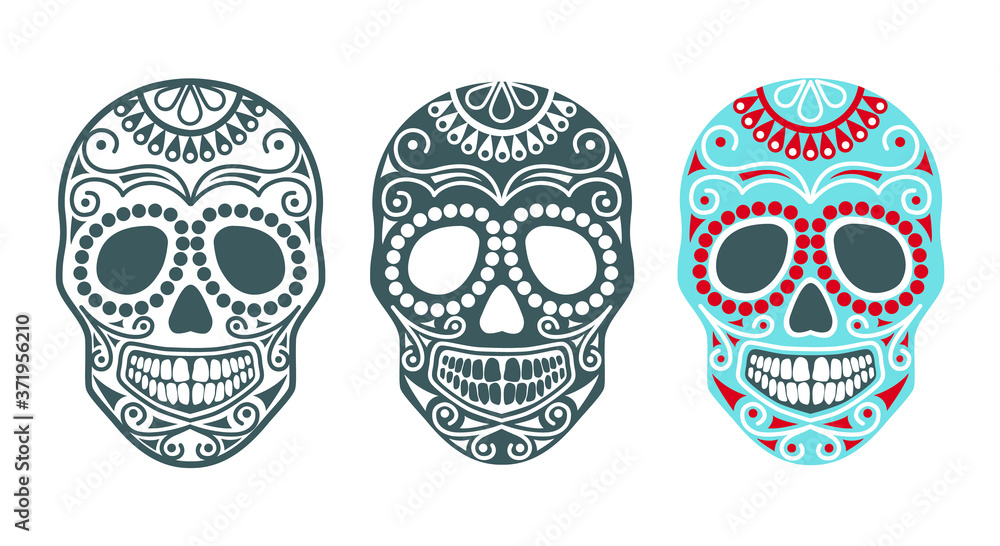 Set of sugar skulls for the day of the dead or halloween. Vector silhouettes of human set-of-sugar-skulls-for-the-day-of-the-dead-or-halloween-vector-silhouettes-of-human
