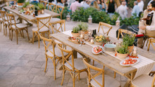 Festively Decorated Tables With Live Flowers In Pots In Nature. A Rustic Wedding Dinner, Tables For Guests Outside. 