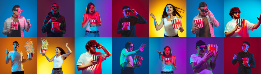 Collage of portraits of 9 young emotional people on multicolored background in neon light. Concept of human emotions, facial expression, sales. Watching cinema, eating popcorn, gesturing excited.