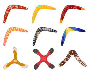 Sticker - Cartoon Color Boomerang Weapon Icon Set. Vector