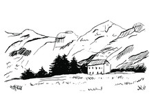 Hand Drawn Vector Illustration Of Mountain Landscape. Graphic Black White Landscape Sketch Vector.