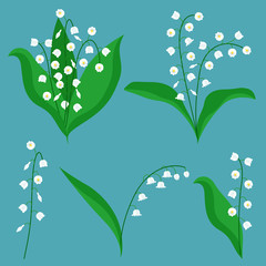 Wall Mural - Cartoon White Lily Valley Element Set. Vector