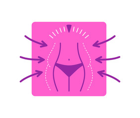 Wall Mural - Lose weight icon or logo - fat woman  body in dashed line, scales and slim figure in main color - conceptual vector illustration