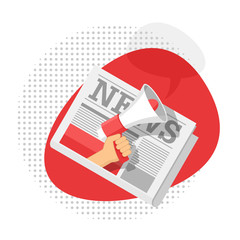 Breaking news concept icon - newspaper and hand holding loudspeaker (megaphone) with dialog speech bubble on abstract pointed background - vector illustration, banner or poster template