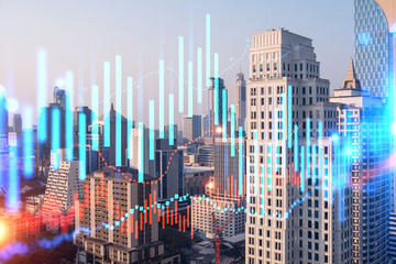 Glowing FOREX graph hologram, aerial panoramic cityscape of Bangkok at sunset. Stock and bond trading in Asia. The concept of fund management. Double exposure.