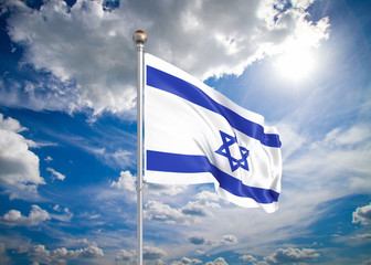 Wall Mural - Realistic flag.3D illustration. Colored waving flag of Israel on sunny blue sky background.