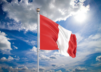 Wall Mural - Realistic flag. 3D illustration. Colored waving flag of Peru on sunny blue sky background.