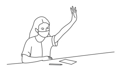 Wall Mural - Girl in protective mask sits at a desk and pulls up her hand. Line drawing vector illustration.