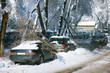 A winter storm buries cars parked along a street