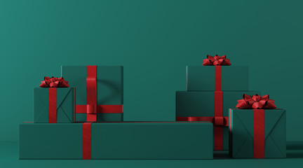 Wall Mural - Minimal product background for Christmas, New year and sale event concept. Green gift box with red ribbon bow on green background. 3d render illustration. Clipping path of each element included.