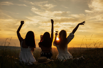 Silhouette of girlfriends enjoying their time together on a picnic at amazing sunset. Friends sitting on a picnic blanket and laughing. Leisure and free time. Copy space.