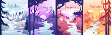 Four Seasons Concept Illustration. Vector Composition With Winter, Spring, Summer And Autumn. Colorful Clip Art Of One Locality In Different Times. Nature With Small River, Trees, Sun And Animals