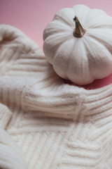 Wall Mural - Fall composition with white sweater and pumpkin