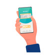 © Javvani - Buys a ticket through the app. Buying tickets online. Hands with a phone close-up. Isolated. Vector.