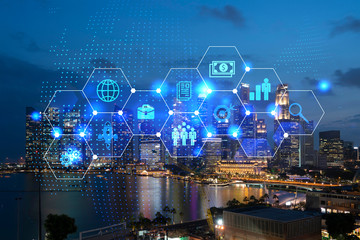 Wall Mural - Technological development glowing icons. Night panoramic city view of Singapore. Concept of innovative activities expanding new services or products in Asia. Double exposure.