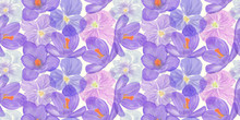 Seamless Floral Design With Blue Flowers For Background, Endless Pattern.Watercolor Illustration.