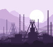 Mineral fertilizers plant over violet great mountain range at sunset. Detail vector illustration of large mine and chemical manufacturing plant.