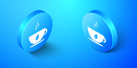 Wall Mural - Isometric Cup of tea and leaf icon isolated on blue background. Blue circle button. Vector.