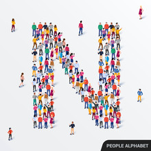 Large Group Of People In Letter N Form. Human Alphabet.