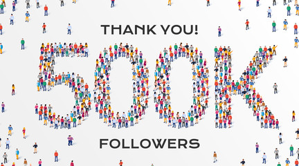Wall Mural - 500K Followers. Group of business people are gathered together in the shape of 500000 word, for web page, banner, presentation, social media, Crowd of little people. Teamwork. Vector illustration