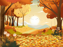 Autumn Landscape Wonderland Forest With Grass Land, Mid Autumn Natural In Orange Foliage, Fall Season With Beautiful Panoramic View With Sunset Behind Mountain And Maples Leaves Falling From Trees