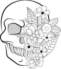 Vector Illustration Coloring Book Page Anti Stress Clip Line Art Doodle Skull Flower Floral Leaves Composition Outline Sketch Isolated Elements White Background