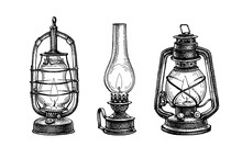Ink Sketches Of Kerosene Lamps.
