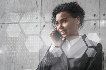 Businesswoman speaks phone and abstract technology hologram. Double exposure.