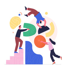 Fototapete - Teamwork concept. Contemporary flat style vector abstract illustration of young people in casual clothes doing a job together. Isolated on background