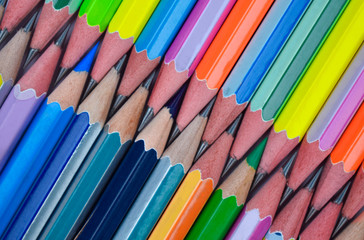 Wall Mural - An attached row of many different colored wood pencil crayons with sharp tip